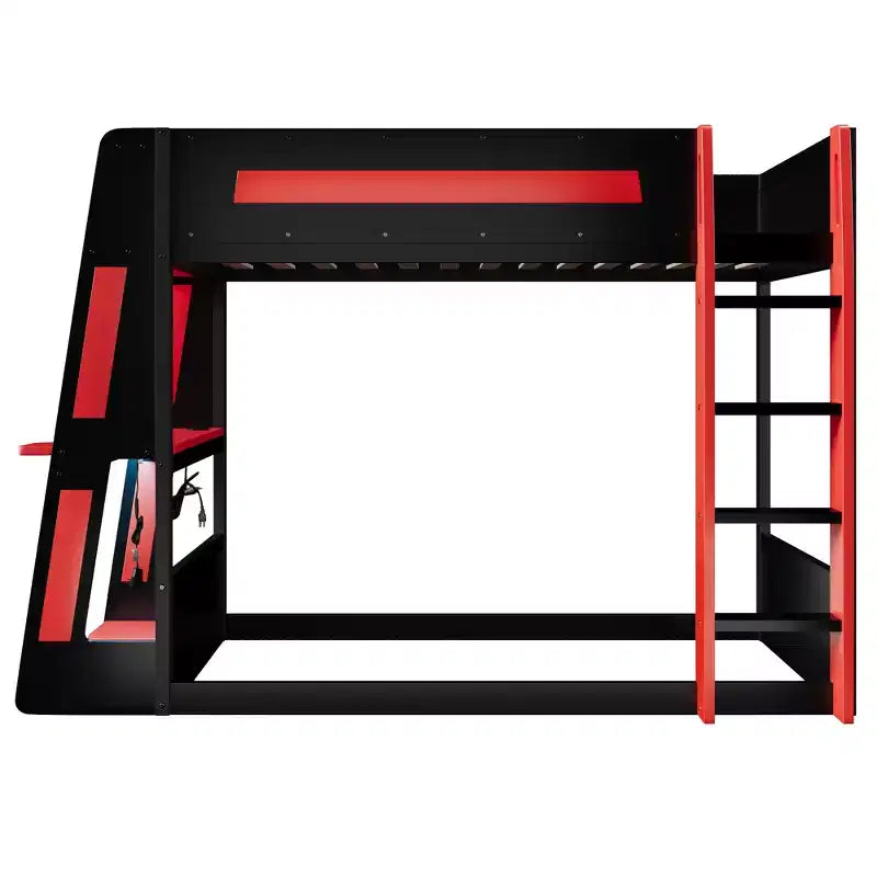 Twin/Full/Queen Gaming Bunk Bed with Built-In Desk, USB Port, LED Lights & Storage Shelves - ModernLuxe