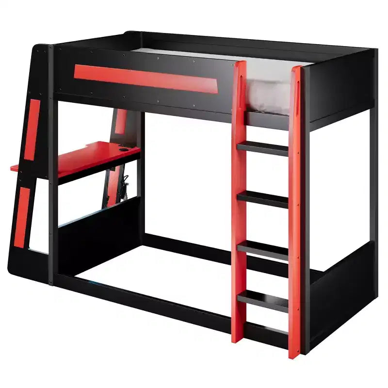 Twin/Full/Queen Gaming Bunk Bed with Built-In Desk, USB Port, LED Lights & Storage Shelves - ModernLuxe