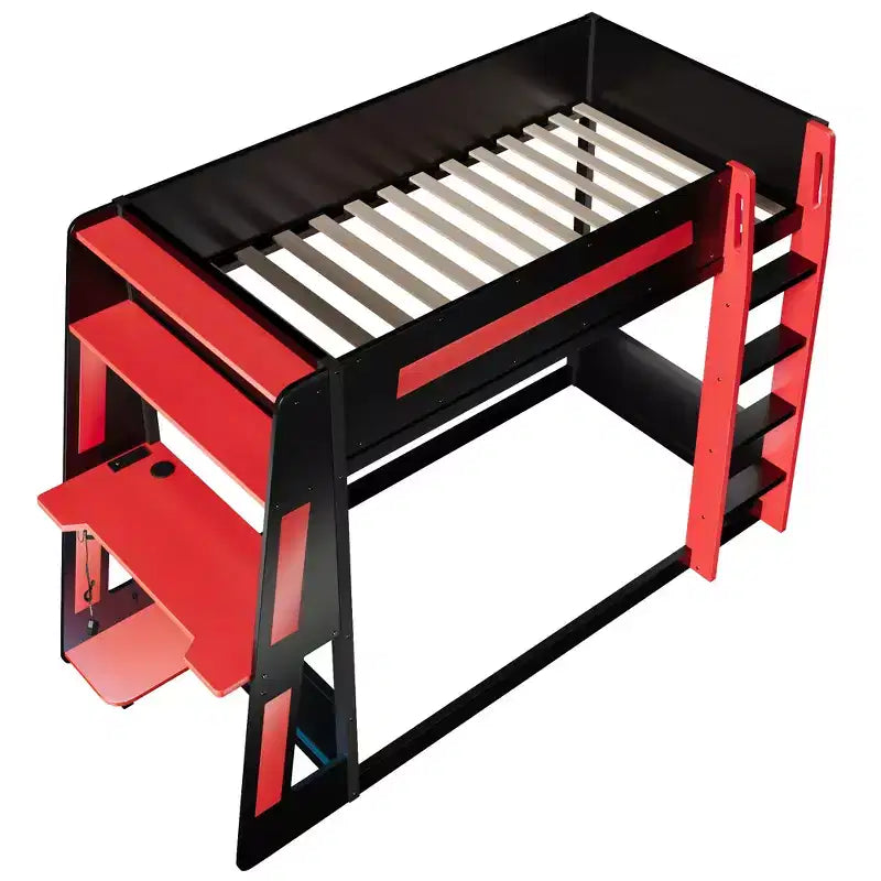Twin/Full/Queen Gaming Bunk Bed with Built-In Desk, USB Port, LED Lights & Storage Shelves - ModernLuxe