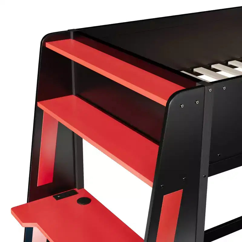 Twin/Full/Queen Gaming Bunk Bed with Built-In Desk, USB Port, LED Lights & Storage Shelves - ModernLuxe