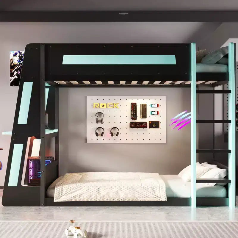 Twin/Full/Queen Gaming Bunk Bed with Built-In Desk, USB Port, LED Lights & Storage Shelves - ModernLuxe
