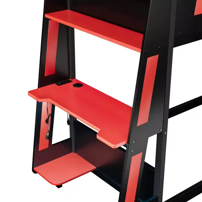 Twin/Full/Queen Gaming Bunk Bed with Built-In Desk, USB Port, LED Lights & Storage Shelves - ModernLuxe