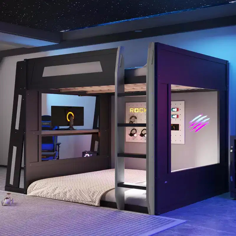 Twin/Full/Queen Gaming Bunk Bed with Built-In Desk, USB Port, LED Lights & Storage Shelves - ModernLuxe