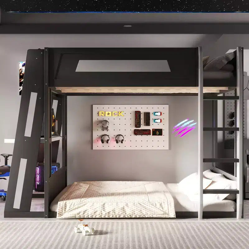 Twin/Full/Queen Gaming Bunk Bed with Built-In Desk, USB Port, LED Lights & Storage Shelves - ModernLuxe