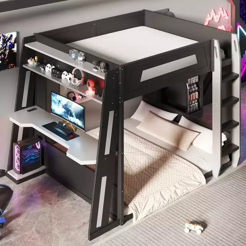 Twin/Full/Queen Gaming Bunk Bed with Built-In Desk, USB Port, LED Lights & Storage Shelves - ModernLuxe