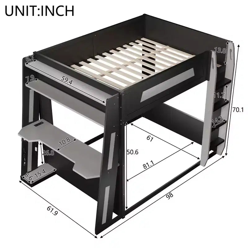 Twin/Full/Queen Gaming Bunk Bed with Built-In Desk, USB Port, LED Lights & Storage Shelves - ModernLuxe