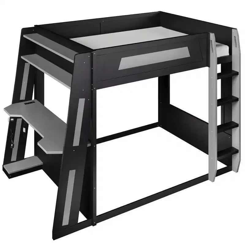 Twin/Full/Queen Gaming Bunk Bed with Built-In Desk, USB Port, LED Lights & Storage Shelves - ModernLuxe