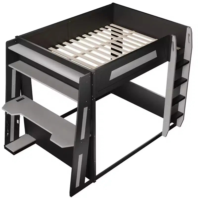 Twin/Full/Queen Gaming Bunk Bed with Built-In Desk, USB Port, LED Lights & Storage Shelves - ModernLuxe