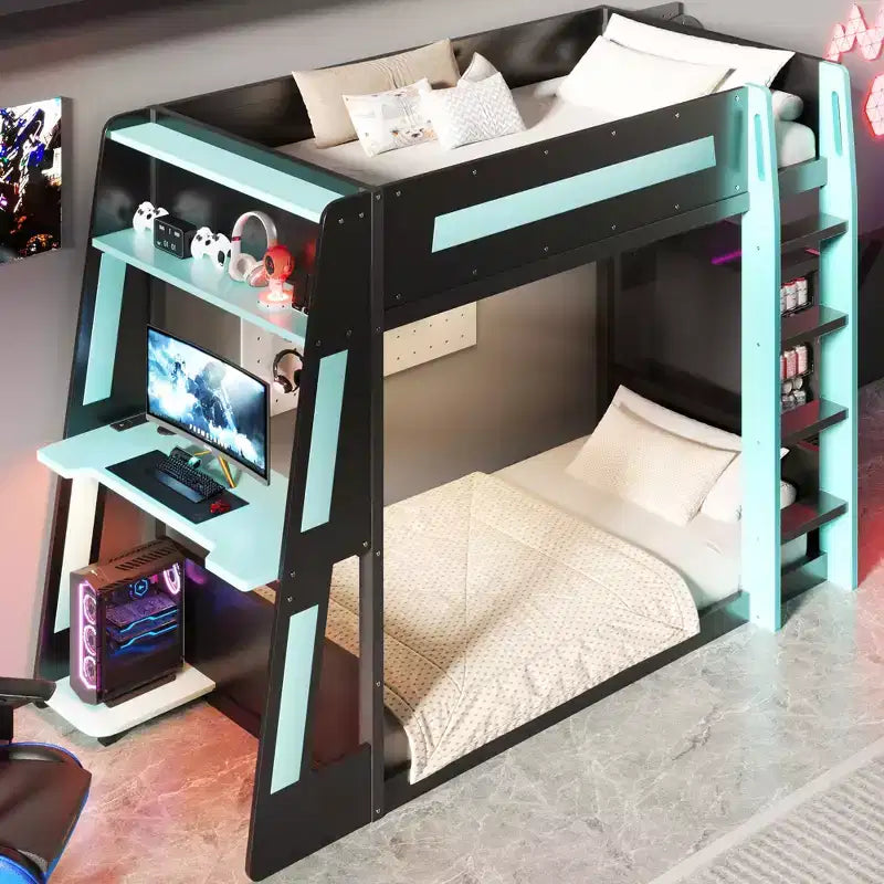 Twin/Full/Queen Gaming Bunk Bed with Built-In Desk, USB Port, LED Lights & Storage Shelves - ModernLuxe
