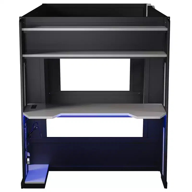 Twin/Full/Queen Gaming Bunk Bed with Built-In Desk, USB Port, LED Lights & Storage Shelves - ModernLuxe