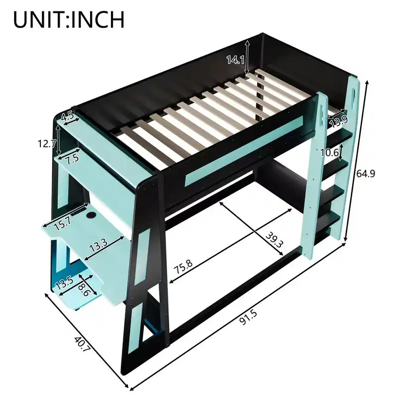 Twin/Full/Queen Gaming Bunk Bed with Built-In Desk, USB Port, LED Lights & Storage Shelves - ModernLuxe