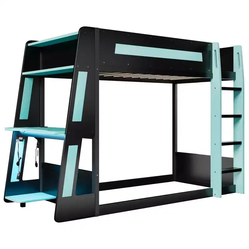 Twin/Full/Queen Gaming Bunk Bed with Built-In Desk, USB Port, LED Lights & Storage Shelves - ModernLuxe