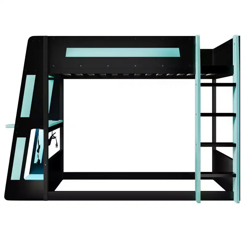 Twin/Full/Queen Gaming Bunk Bed with Built-In Desk, USB Port, LED Lights & Storage Shelves - ModernLuxe