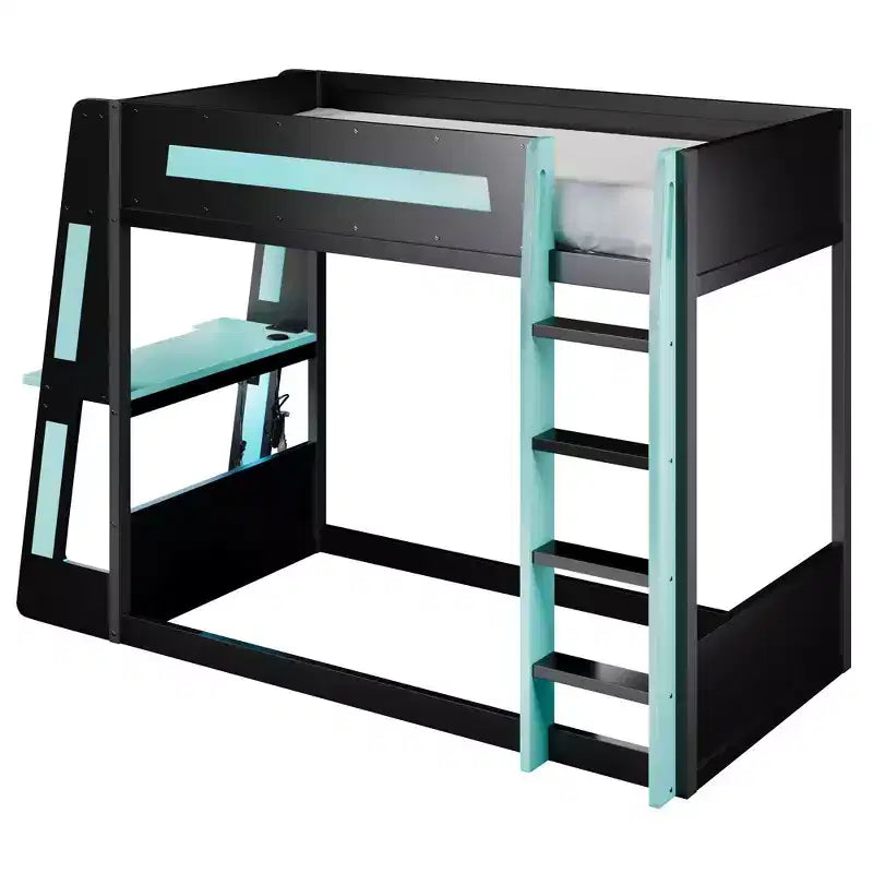 Twin/Full/Queen Gaming Bunk Bed with Built-In Desk, USB Port, LED Lights & Storage Shelves - ModernLuxe
