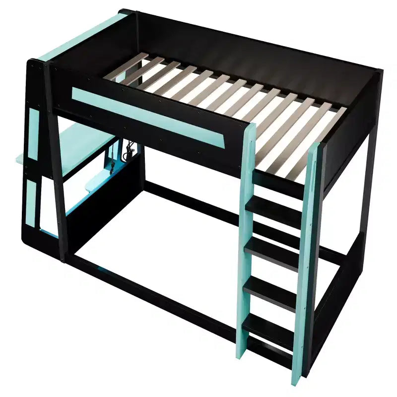 Twin/Full/Queen Gaming Bunk Bed with Built-In Desk, USB Port, LED Lights & Storage Shelves - ModernLuxe