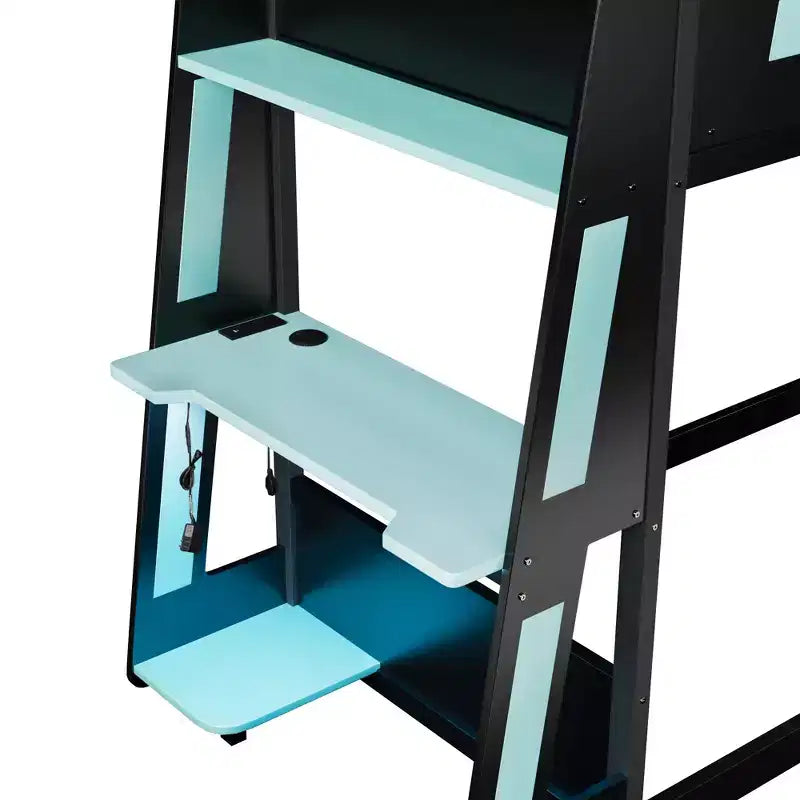 Twin/Full/Queen Gaming Bunk Bed with Built-In Desk, USB Port, LED Lights & Storage Shelves - ModernLuxe