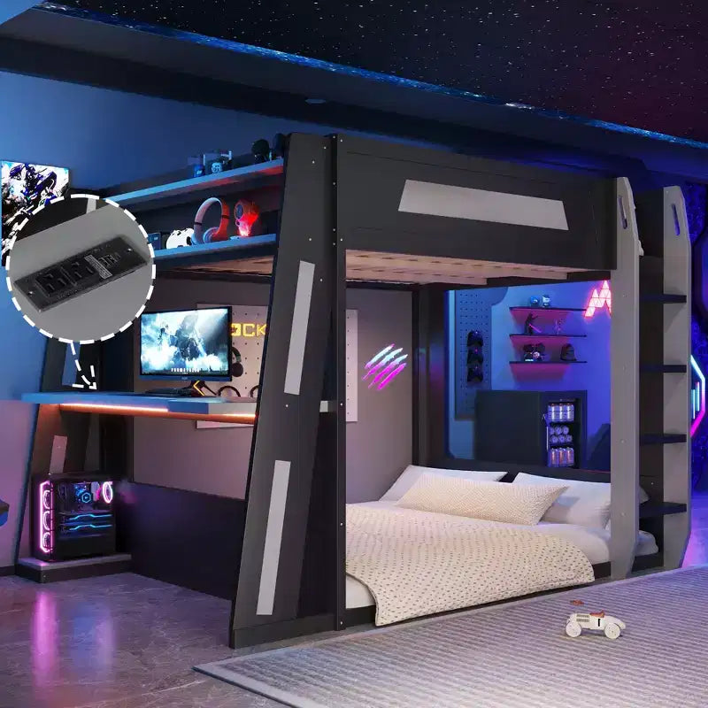 Twin/Full/Queen Gaming Bunk Bed with Built-In Desk, USB Port, LED Lights & Storage Shelves - ModernLuxe
