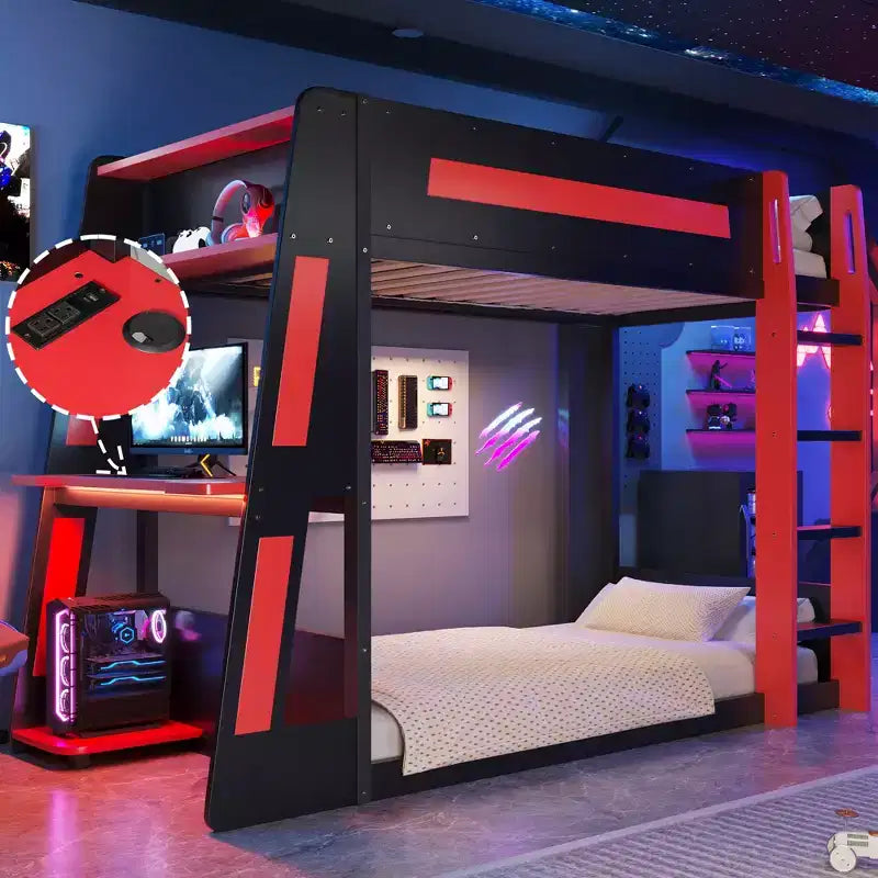 Twin/Full/Queen Gaming Bunk Bed with Built-In Desk, USB Port, LED Lights & Storage Shelves - ModernLuxe
