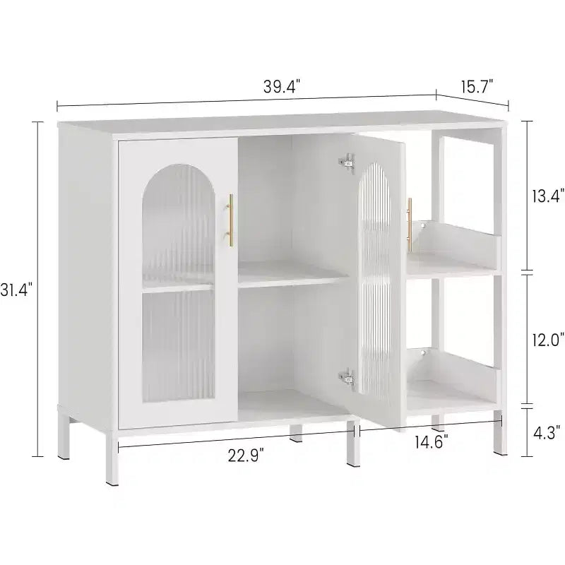 Acekool White 39.4 Inch Modern Glass Door Display Cabinet with Golden Handles, for Dining Room & Living Room Storage