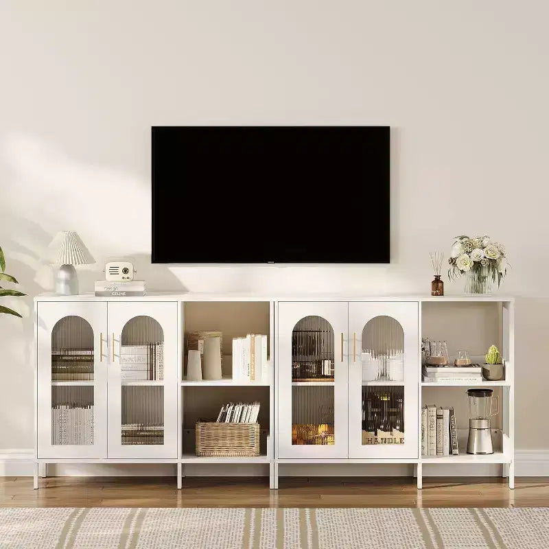 Acekool White 39.4 Inch Modern Glass Door Display Cabinet with Golden Handles, for Dining Room & Living Room Storage