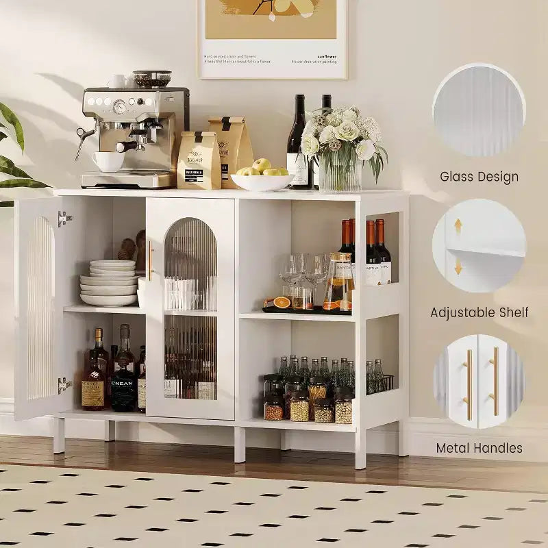 Acekool White 39.4 Inch Modern Glass Door Display Cabinet with Golden Handles, for Dining Room & Living Room Storage