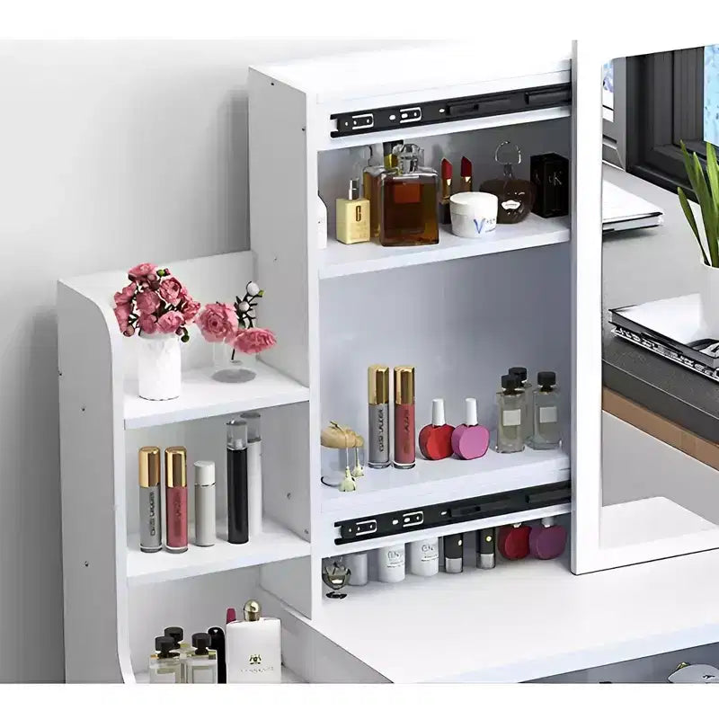 Furniliving Vanity Desk with Mirror & Makeup Stool, Table Set with 3 Color Lighting Brightness Adjustable, 4 Drawers
