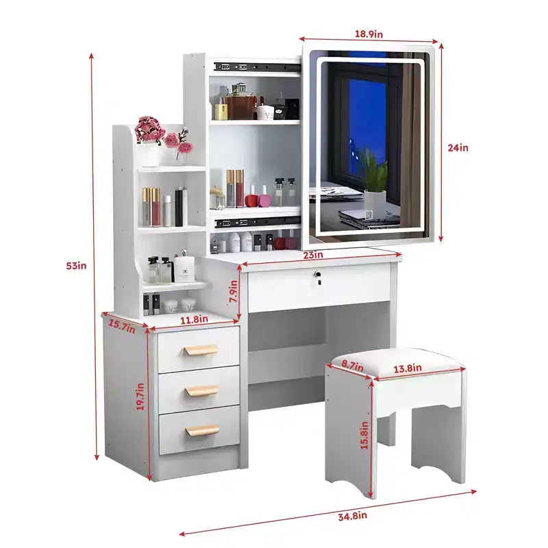 Furniliving Vanity Desk with Mirror & Makeup Stool, Table Set with 3 Color Lighting Brightness Adjustable, 4 Drawers