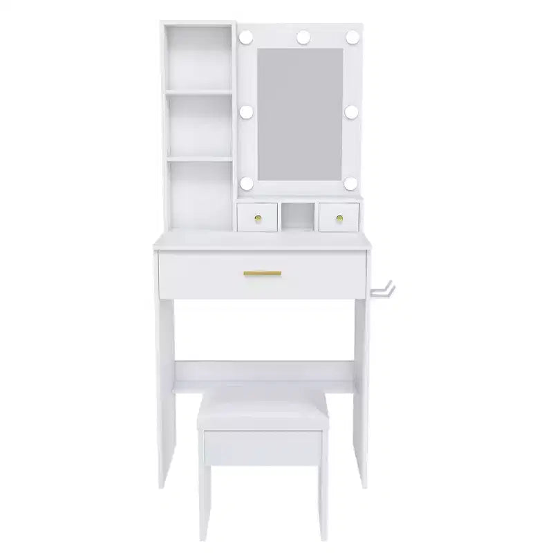 Furniliving Vanity Desk with Mirror & Makeup Stool, Table Set with 3 Color Lighting Brightness Adjustable, 4 Drawers