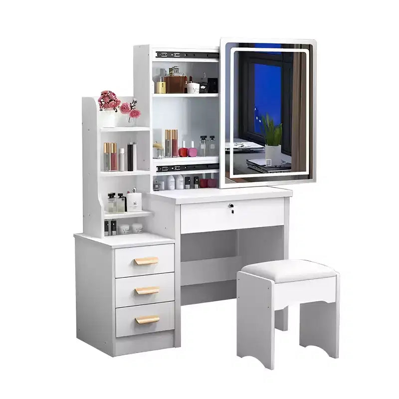 Furniliving Vanity Desk with Mirror & Makeup Stool, Table Set with 3 Color Lighting Brightness Adjustable, 4 Drawers