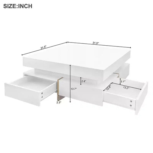 TUYOHW 31.5 On-Trend High Gloss Accent Coffee Table with4 Drawers,2-Tier Center Table Cocktail Table for Living Room,110lbs Capacity,White