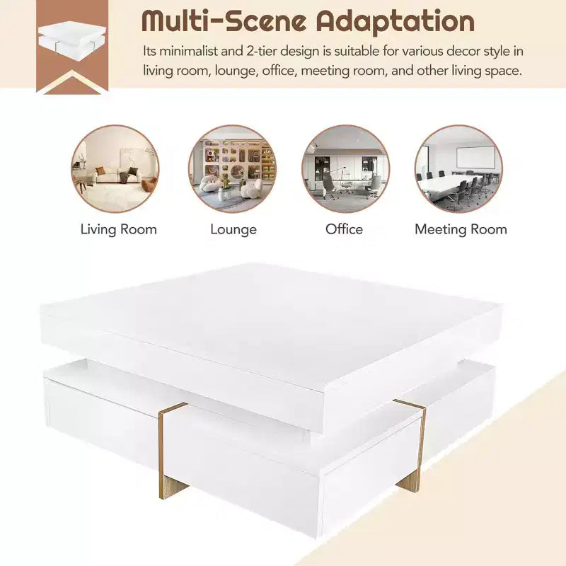 TUYOHW 31.5 On-Trend High Gloss Accent Coffee Table with4 Drawers,2-Tier Center Table Cocktail Table for Living Room,110lbs Capacity,White