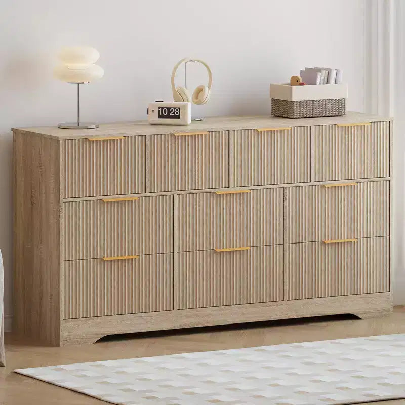 GustoWave 55 White Fluted Dresser with Gold Handles, 10-Drawer Double Dresser Organizer, Modern Long Chest for Bedroom Closet Storage