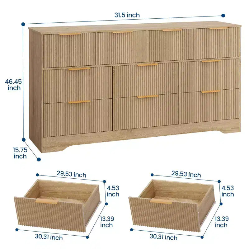 GustoWave 55 White Fluted Dresser with Gold Handles, 10-Drawer Double Dresser Organizer, Modern Long Chest for Bedroom Closet Storage