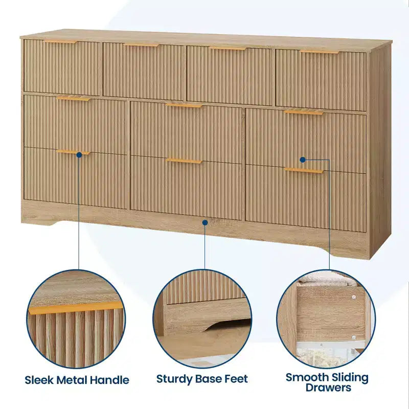GustoWave 55 White Fluted Dresser with Gold Handles, 10-Drawer Double Dresser Organizer, Modern Long Chest for Bedroom Closet Storage