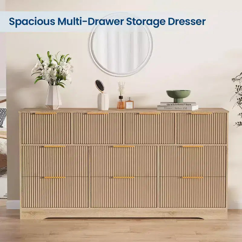 GustoWave 55 White Fluted Dresser with Gold Handles, 10-Drawer Double Dresser Organizer, Modern Long Chest for Bedroom Closet Storage