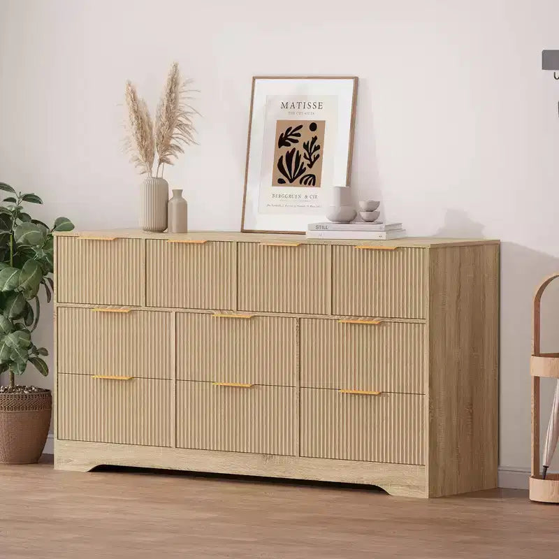 GustoWave 55 White Fluted Dresser with Gold Handles, 10-Drawer Double Dresser Organizer, Modern Long Chest for Bedroom Closet Storage