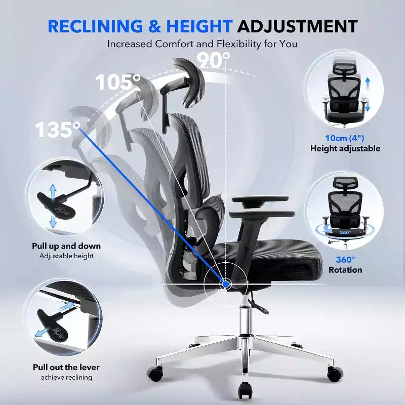 Acekool Ergonomic Office Chair with 3D Lumbar, Adjustable Armrest, Mesh, for Home Office