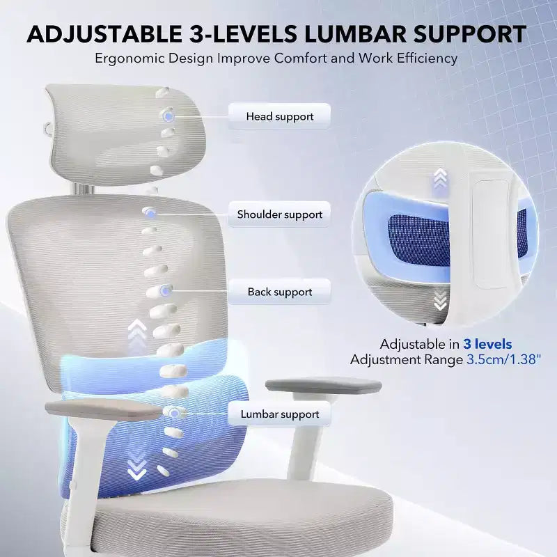 Acekool Ergonomic Office Chair with 3D Lumbar, Adjustable Armrest, Mesh, for Home Office