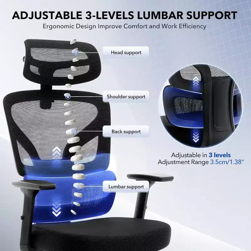 Acekool Ergonomic Office Chair with 3D Lumbar, Adjustable Armrest, Mesh, for Home Office
