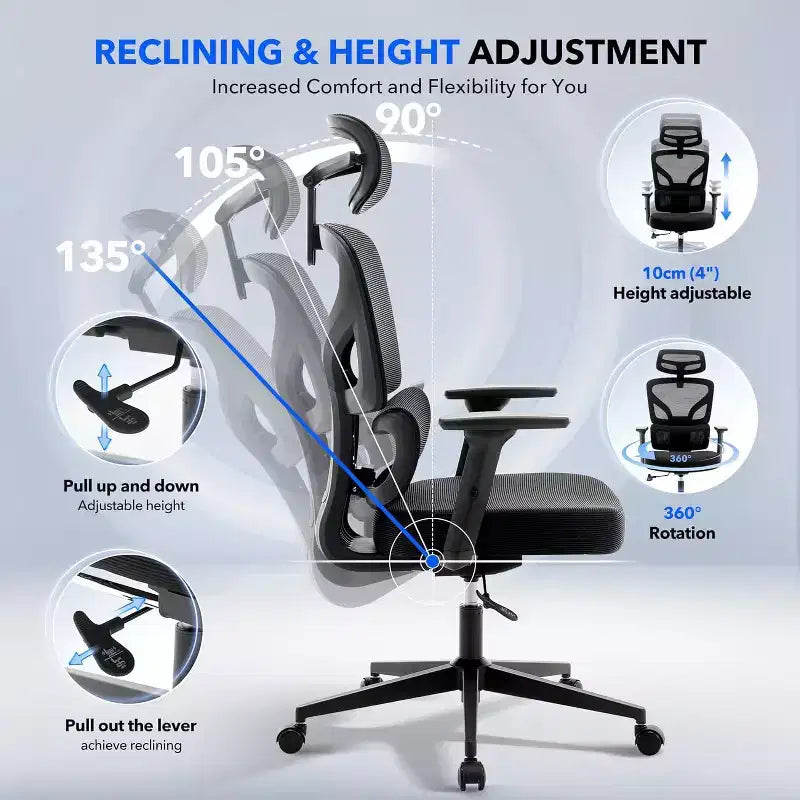 Acekool Ergonomic Office Chair with 3D Lumbar, Adjustable Armrest, Mesh, for Home Office