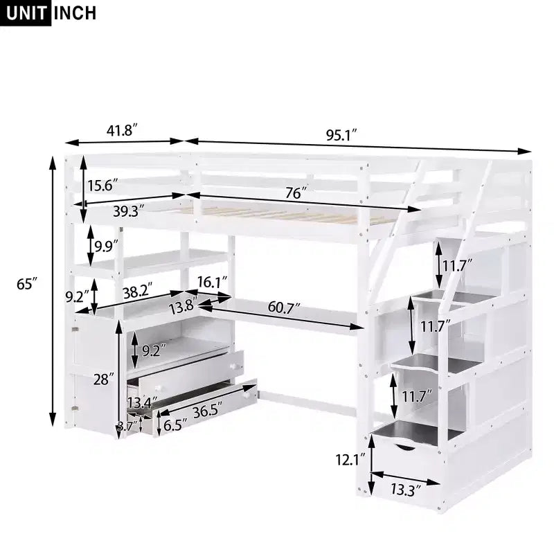 GDFStudio Lewis Loft Bed with Desk and Shelves, Two Built-in Drawers, Storage Staircase