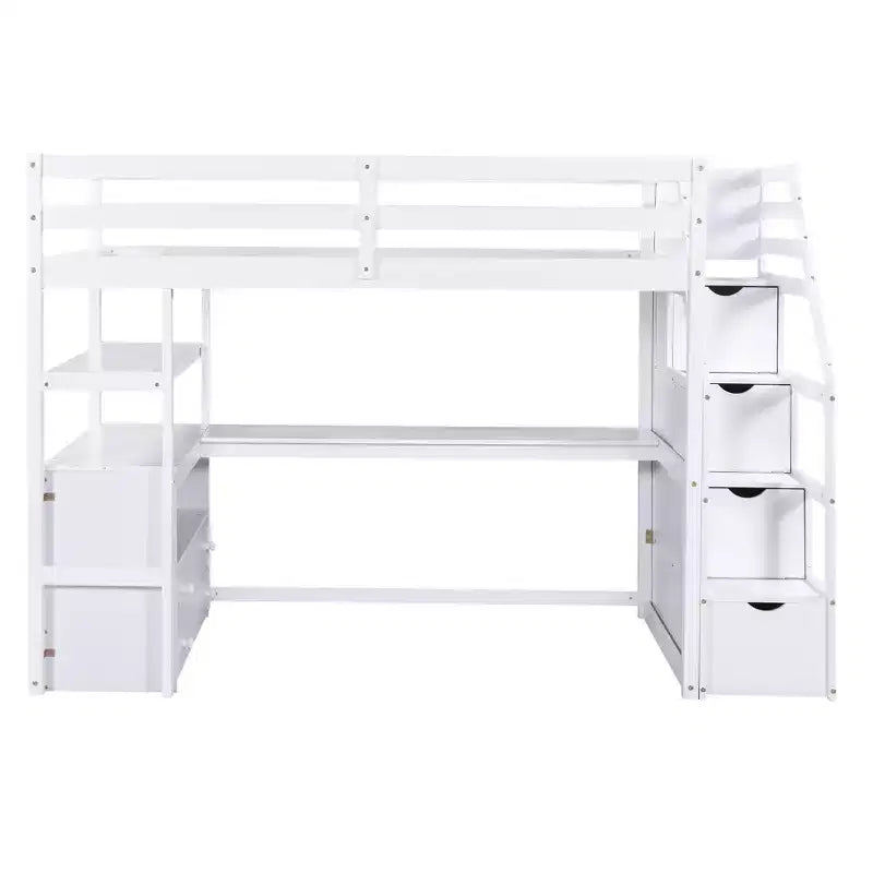GDFStudio Lewis Loft Bed with Desk and Shelves, Two Built-in Drawers, Storage Staircase
