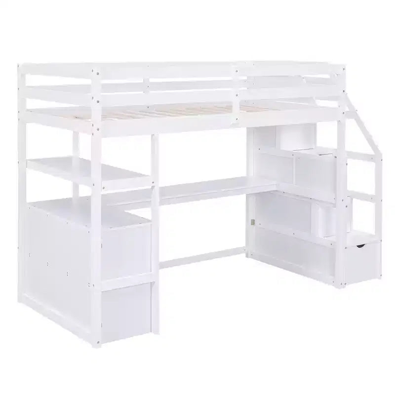 GDFStudio Lewis Loft Bed with Desk and Shelves, Two Built-in Drawers, Storage Staircase
