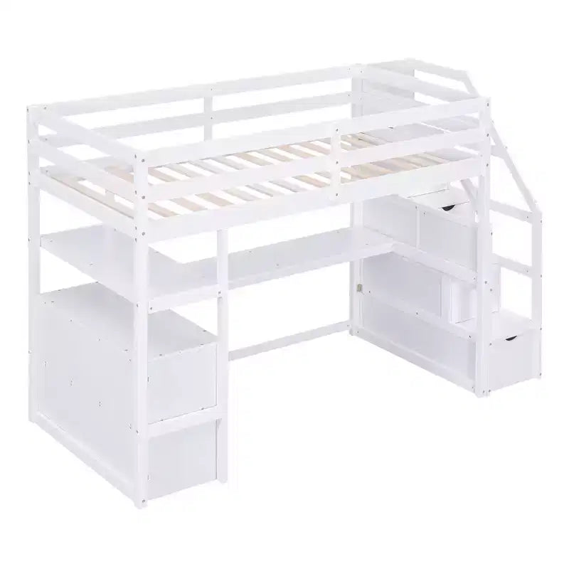 GDFStudio Lewis Loft Bed with Desk and Shelves, Two Built-in Drawers, Storage Staircase