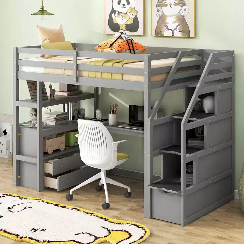 GDFStudio Lewis Loft Bed with Desk and Shelves, Two Built-in Drawers, Storage Staircase