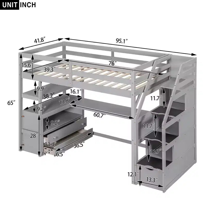 GDFStudio Lewis Loft Bed with Desk and Shelves, Two Built-in Drawers, Storage Staircase