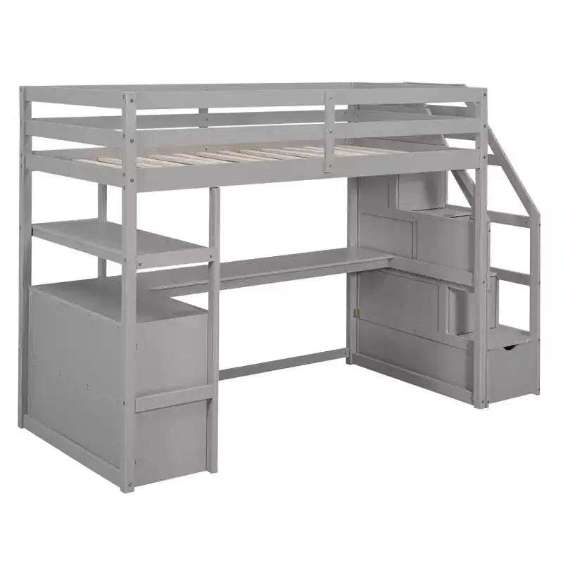 GDFStudio Lewis Loft Bed with Desk and Shelves, Two Built-in Drawers, Storage Staircase