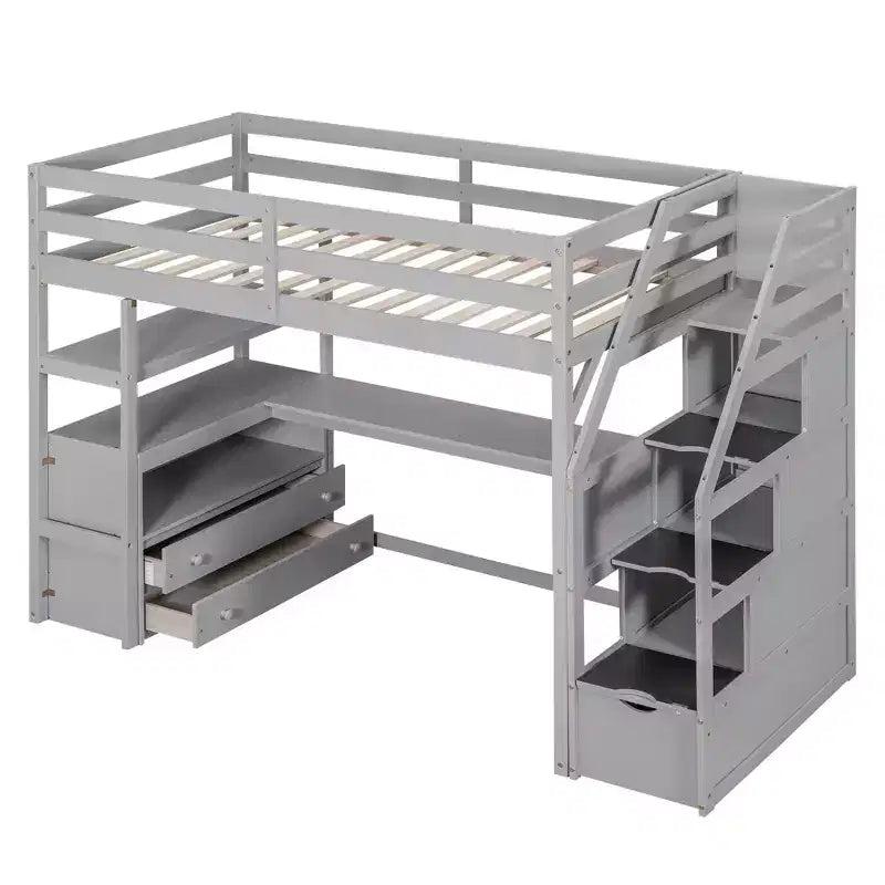 GDFStudio Lewis Loft Bed with Desk and Shelves, Two Built-in Drawers, Storage Staircase