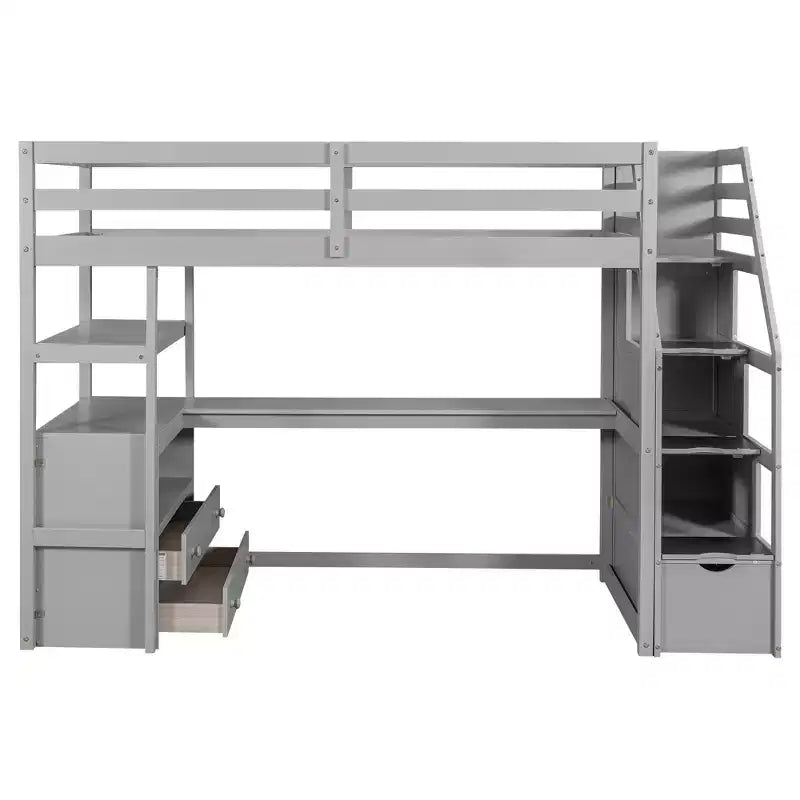 GDFStudio Lewis Loft Bed with Desk and Shelves, Two Built-in Drawers, Storage Staircase