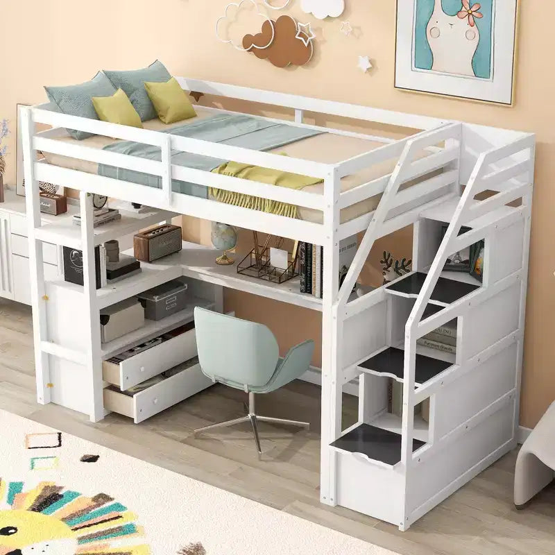 GDFStudio Lewis Loft Bed with Desk and Shelves, Two Built-in Drawers, Storage Staircase